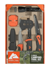 Ozark Trail 7-Piece Camping Tool Set with Hammer, Axe, Flashlight, and Knives, Batteries Included