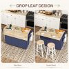 HOMCOM Kitchen Island on Wheels with Drop Leaf, Charging Station, Rolling Kitchen Cart with Wood Top, Adjustable Shelf, Blue