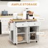 HOMCOM Kitchen Island Cart, White, Rubberwood Top, Spice/Towel Rack, Storage Drawers, Rolling Dining Room Storage