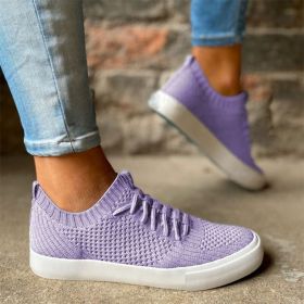Women Flying Woven Lace Up Sneakers Flat Shoes (Color: Purple, size: 8)