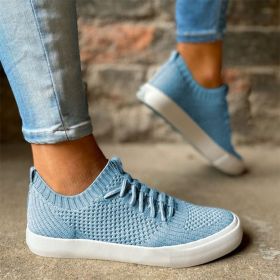 Women Flying Woven Lace Up Sneakers Flat Shoes (Color: Blue, size: 9)