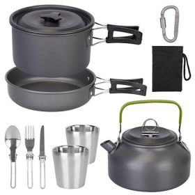 Outdoor Hiking Picnic Camping Cookware Set Picnic Stove Aluminum Pot Pans Kit (Color: grey, Type: 12 Pcs)