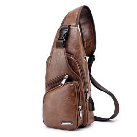 Men USB Charging Bag Men Chest Bag for Custom PU PVC Shoulder Bag Diagonal Package Messenger Travel Bag Cross Body Bags (Color: Light Brown)